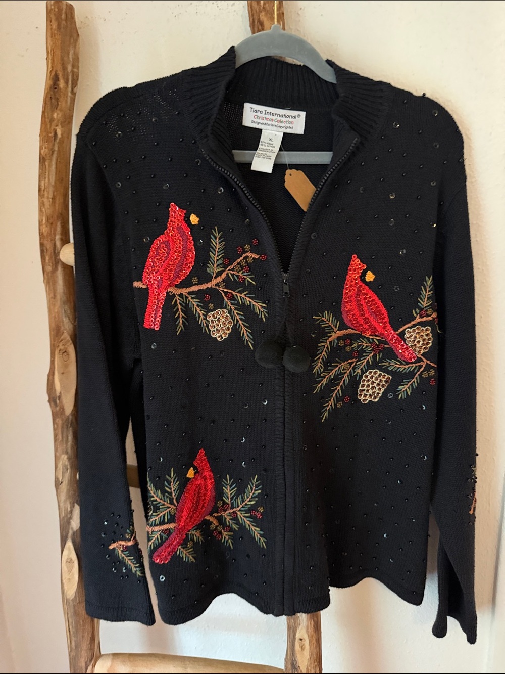Vintage Tiara Black Zip-Front Cardigan with Red Cardinal Embroidery & Beading XL
